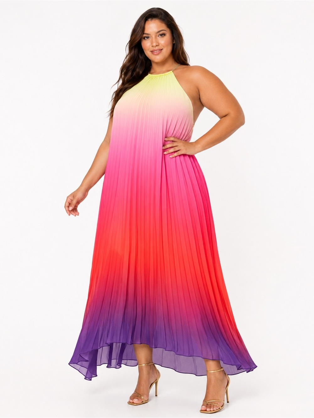 Fashion Nova Sunset Ombre Pleated Backless Halter Maxi Dress Size 1X - Picture 1 of 6